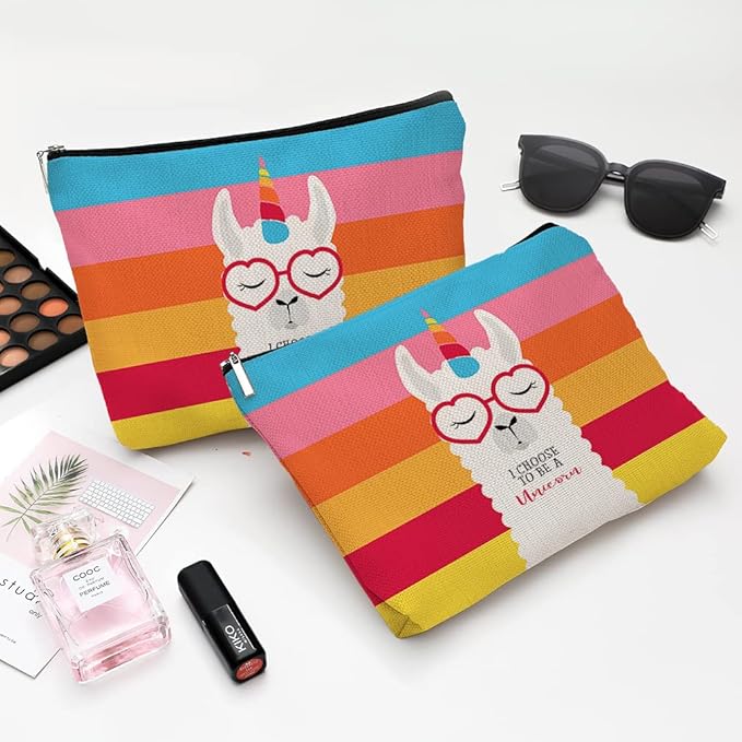Cute Makeup Bag for Purse Canvas Waterproof Funny Cosmetic Bags for Women Zipper Travel Toiletry Pouch-Alpaca Makeup Bags-Rainbow