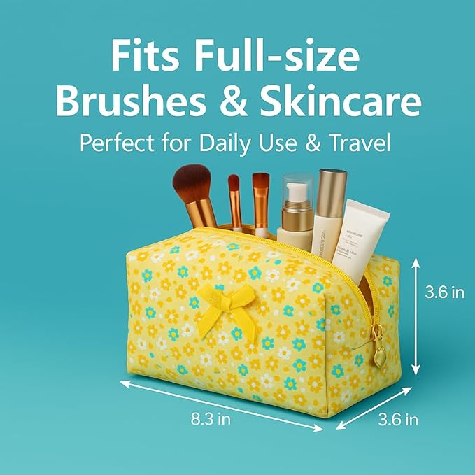 Floral Cotton Makeup Brush Cosmetic Bag for Women, Travel Quilted Zipper Pouch, Large Capacity Flowers Toiletry Organizer, Kawaii Makeup Storage Case, Cosmetic Travel Cloth Bag-Yellow Sun Flower