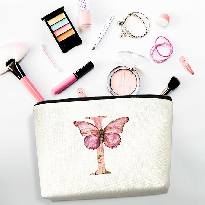 Initial Makeup Bag Pink Butterfly I Personalized Cosmetic Bag Monogrammed Gifts for Women Girls Bride Bestie Monogram Zipper Pouch for Friendship Mothers Day Birthday Wedding Bridal Shower Gifts