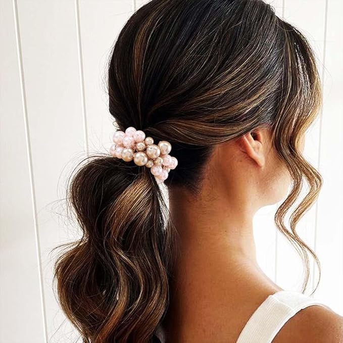 Fashey Pearl Hair Scrunchies Beaded Hair Ties Elastic Hair Bands Ponytail Holder Hair Accessories for Women and Girls（Pack of 3）