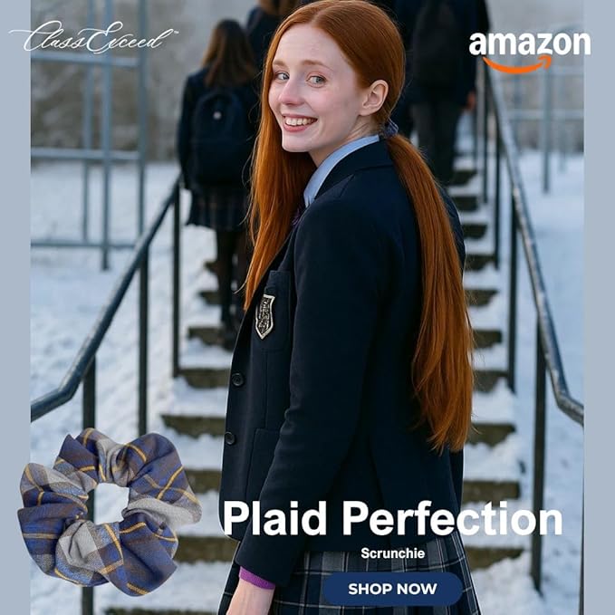 Plaid scrunchie, ClassExceed school uniform plaid, Back to school, handmade school uniform hair accessories (Navy Gold gray Plaid57)