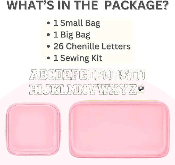 2PCS Personalized Makeup Preppy Bag Set, 2PCS Toiletry Bag & 26 Chenille Letters, Clear Makeup Pouch, Birthday Gifts for Girls (Pink)