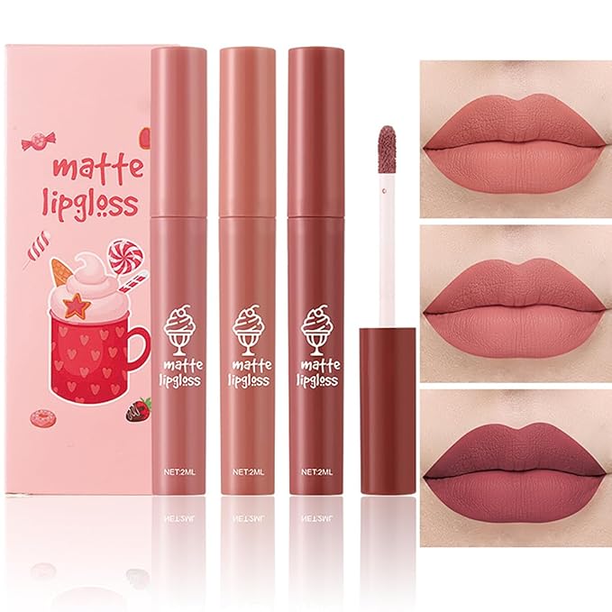 3Pcs Nude Matte Lipstick Set, Ice Cream Velvet Smooth Matte Lip Gloss, 24 Hour Natural Long Lasting & Nourishing Lip Glaze Non-stick Cup for Women Makeup (Set C)