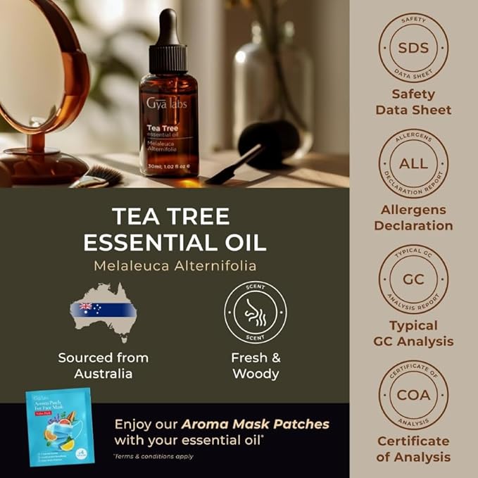 Gya Labs Tea Tree Essential Oil - 1.02 Fl Oz - for Diffuser, Massage, Hair, Skin, Aromatherapy, Soap & Candle Making Scents