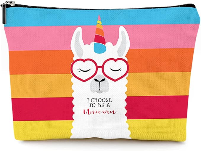 Cute Makeup Bag for Purse Canvas Waterproof Funny Cosmetic Bags for Women Zipper Travel Toiletry Pouch-Alpaca Makeup Bags-Rainbow