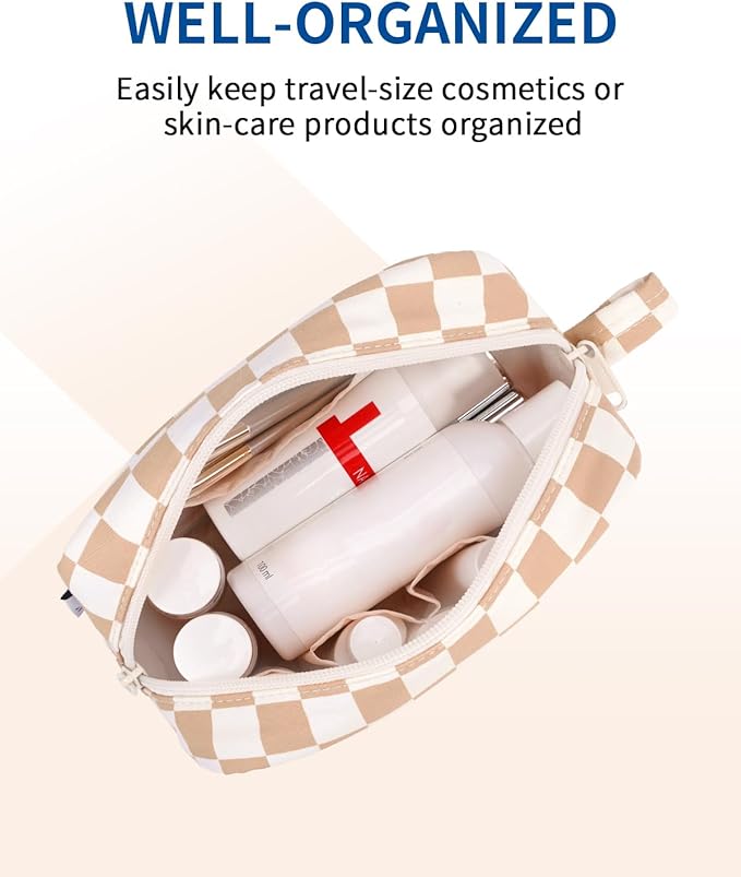 Narwey Small Checkered Makeup Bag for Purse Mini Cosmetic Bag Travel Makeup Pouch Zipper Pouch Cute Make up Bags with Organized Pockets for Women (Light Checkerboard, Small)