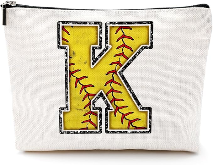 Initial Makeup Bag Monogrammed Cosmetic Bag Yellow Letter K Zipper Pouch Softball Accessories for Girls Women Player Coach Friend Graduation Birthday Gifts