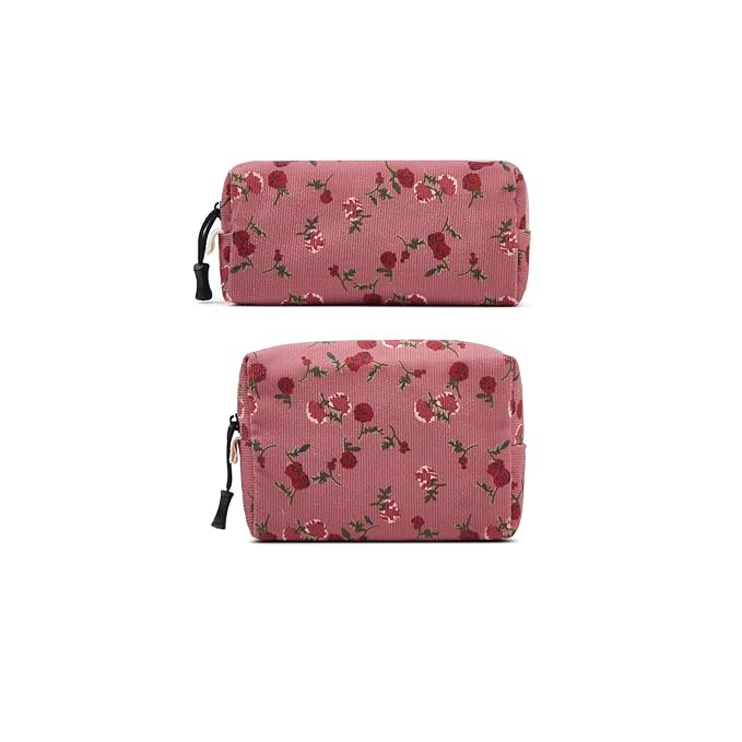 Makeup bag set small Cosmetic bag for women purse Corduroy Organizer with interior Pockets,cute Pencil zipper Pouch travel Toiletry Bag with handle(Rose Red)