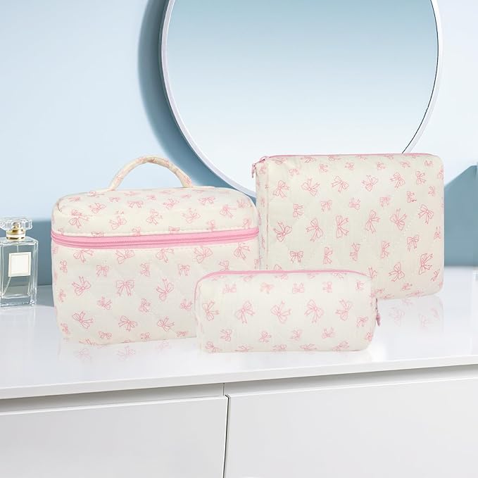 3Pcs Makeup Bag Quilted Cotton Cosmetic Bags for Women Large Small Pink Bow Makeup Pouch Set Cute Coquette Floral Travel Bags Portable Skincare Toiletry Bag Vintage Puffy Essential Organizer
