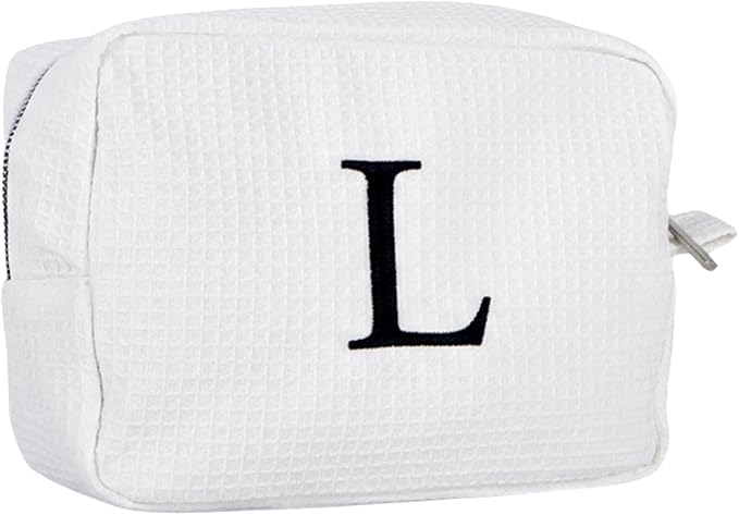 Personalized White Waffle Makeup Bag,Custom Embroidered Initial Cosmetic Pouch for Women,Monogrammed Cosmetic Case,Bridesmaid Gifts (L)