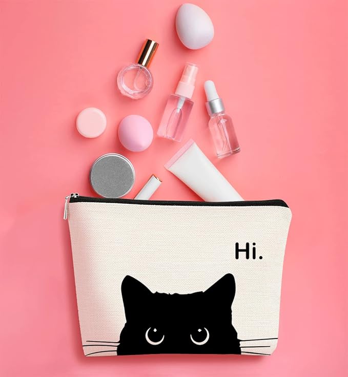 Cute Cat Makeup Bag, Kitty Cosmetic Zipper Travel Toiletry Bag, Black Cat Gifts for Women & Teen Girls