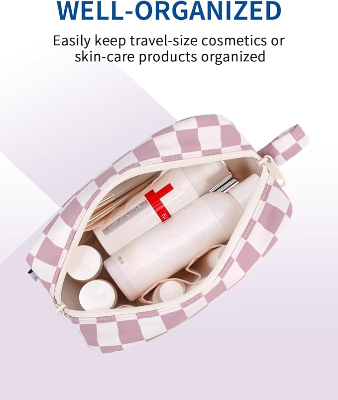 Narwey Cute Checkered Makeup Bag with Organized Pockets for Women - Dusty Rose Checkerboard, Zipper Pouch, Mini Travel Makeup Pouch
