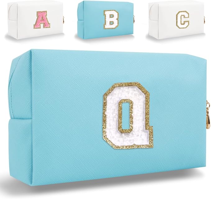 Small Personalized Letter Makeup Bag, Cute PU Leather Chenille Letters Cosmetic Bag Travel Makeup Pouch, Preppy Travel Organizer Zipper Pouch for Women&Girls（Blue-Q）