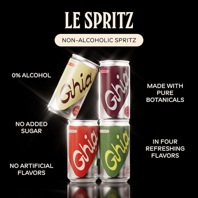 Ghia Non-Alcoholic Le Spritz | Variety 16-Pack | Canned Mocktail & Cocktail Mixer, Zero Proof Sparkling Apéritif with Soothing Herbal Extracts | No Sugar, No Artificial Flavors, Caffeine-Free (Lime & Salt, Soda, Ginger, Sumac & Chili)