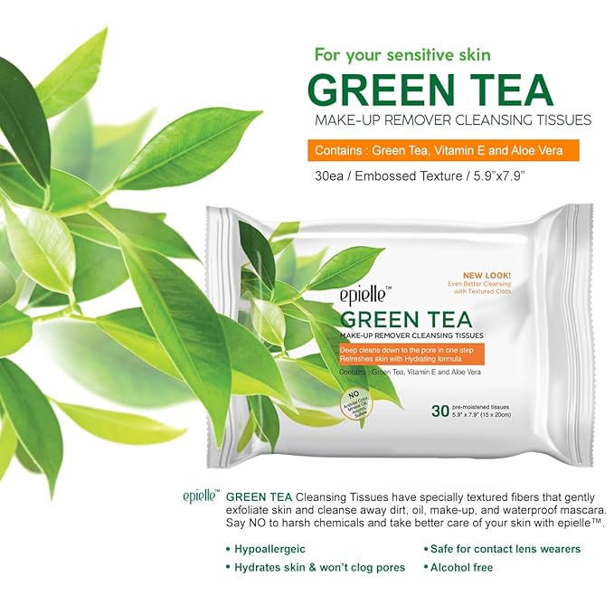 Epielle Green Tea Makeup Remover Wipes, Gentle Daily Facial Cleanser Towelettes, Remove Dirt, Oil & Waterproof Mascara, Stocking Stuffers, Thanksgiving Essentials, 30 Count (Pack of 6)