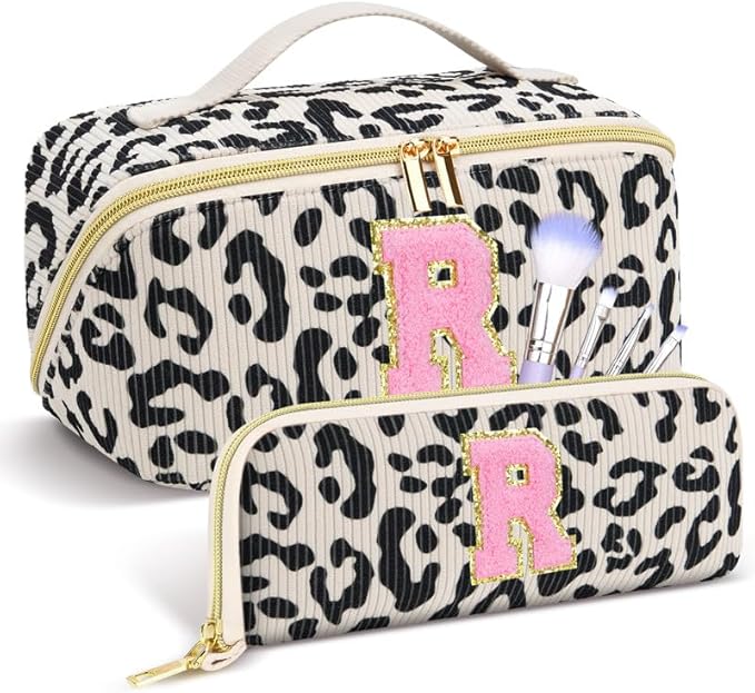 Personalized Travel Makeup Bag Set,Initial Travel Cute Leopard Makeup Organizer Bag,Toiletry Skincare Cosmetic Bag,Christmas Gifts for Women/Girls,Open Flat Toiletry Pouch with Brush Pocket-R