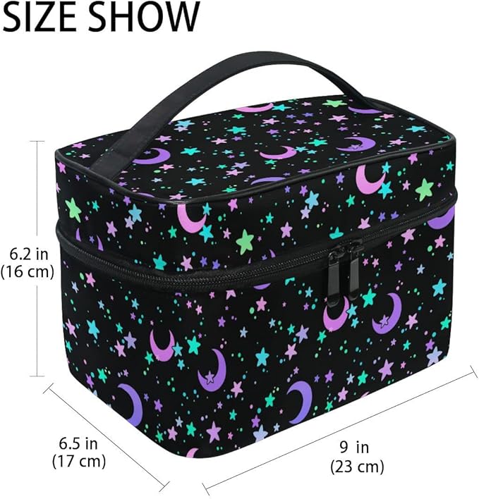 Makeup Bag, Crescents and Stars Makeup Organizer Bags Toiletry Bag Box Travel Cosmetic Bag Make Up Train Case for Women Teen Girl Ladies