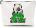 Soccer Gifts Initial Makeup Bag Monogrammed Cosmetic Bag Letter A Zipper Pouch Soccer Accessories for Girls Women Soccer Player Coach Friend Soccer Stuff Graduation Birthday Gifts