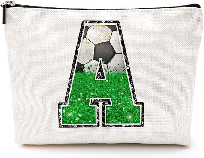 Soccer Gifts Initial Makeup Bag Monogrammed Cosmetic Bag Letter A Zipper Pouch Soccer Accessories for Girls Women Soccer Player Coach Friend Soccer Stuff Graduation Birthday Gifts