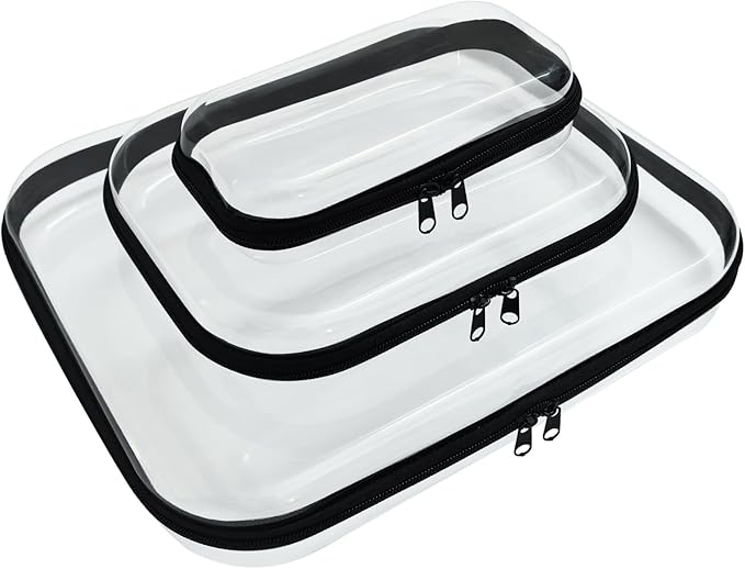 3 Pcs Clear Hard Zipper Case, Hard Shell Plastic Clear Organizer Bag, Transparent Makeup Pouches, Portable Box for Travel Toiletries, Toy Storage Bins (Black, Multi)