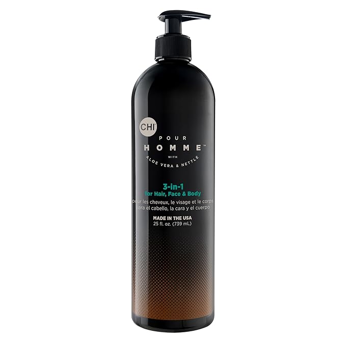CHI Pour Homme 3-in-1 Cleansing & Moisturizing Hair, Face & Body Wash for Men, Made With Aloe Vera & Nettle, Fresh, Woody Scent, Sulfate-Free, 25 oz