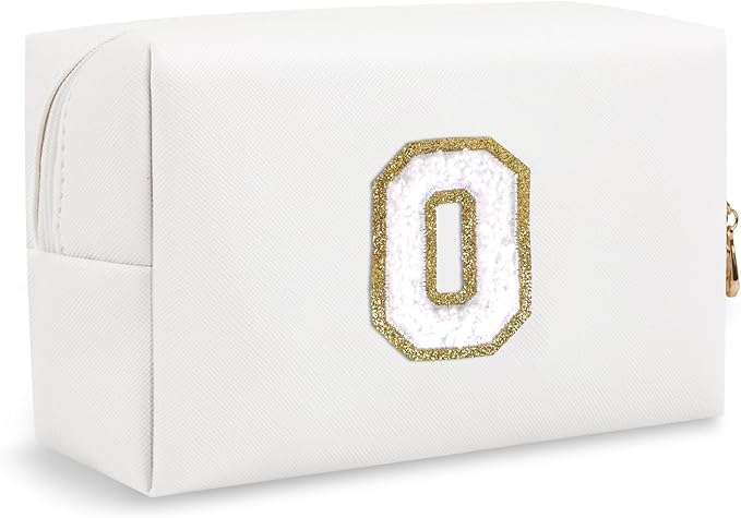 Small Cute Initial Preppy Makeup Bag, Personalized Cosmetic Zipper Pouch Toiletry Bags for Traveling, Waterproof PU Chenille Letter Makeup Case Organizer Travel Essentials for Women Girl(Letter O)