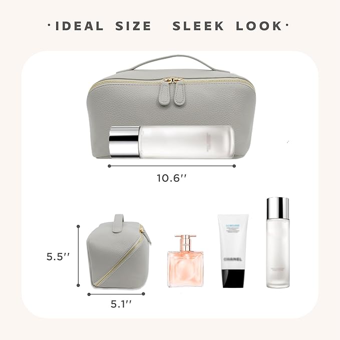 Travel Makeup Bag – Large Cosmetic Organizer with Waterproof PU Leather, Smooth Double Zipper & Tear-Resistant Lining, Toiletry Pouch for Women (Grey)