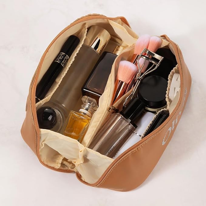 Personalized Open Flat Travel Makeup Bag with Name Real Leather Lazy Lay Flat Cosmetic Bags for Women Custom Toiletry Bag Womens Makeup Case Organizer Small Make Up Pouch for Traveling Large Capacity