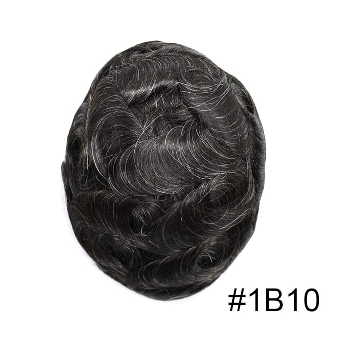 FACE MIRACLE Lace Front Mens Toupee Human Hair System Lace Center Toupee for Men Thin Skin PU Around Hair Replacement System V-Looped Mens Hair Wig 7"X9" #1B10 1B# OFF BLACK WITH 10% SYNTHETIC GREY