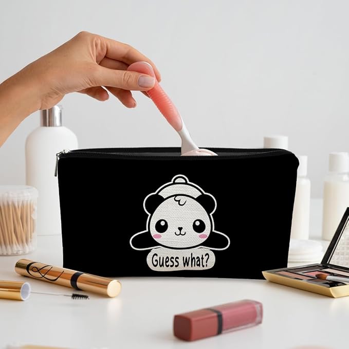 Panda Gifts Black Makeup Bag,Gifts for Panda Lover Wonmen Girls,Cute Baby Panda Guess What It's Pug Butt Cosmetic Bag,Makeup Case for Teen Girls Daughter,Panda Accessories,Canvas Zipper Pouch