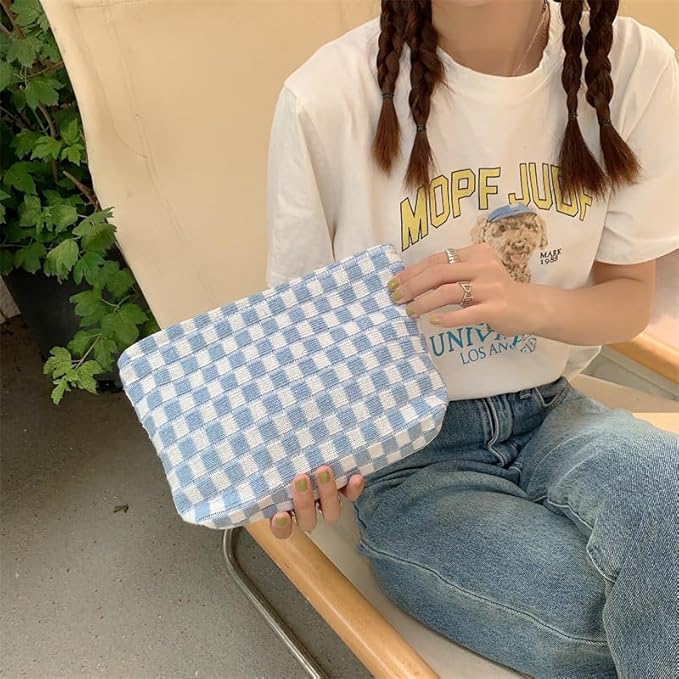 2 Pieces Makeup Bag Set, Small Blue Checkered Cosmetic Bag Travel Toiletry Organizer Mini Cosmetic Pouch Case Makeup Brushes Cute Quilted Aesthetic Accessories Storage Bag for Women