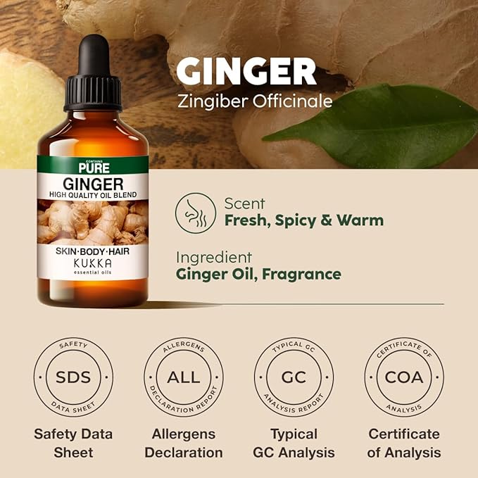 KUKKA Ginger Essential Oils - 4 Fl Oz - for Hair, Skin, Diffuser, Aromatherapy & DIY Soap Making Scent