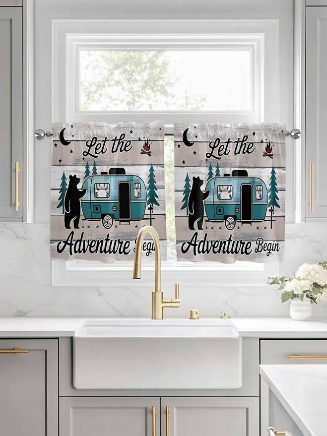 Farmhouse Bear Camper Van Tree Window Valance Curtains, Vintage Wood Grain - Image 2