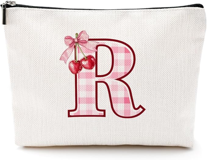Initial Makeup Bag Monogram Cosmetic Bag Monogrammed Gifts for Women Girls Friends Coworker Manager Personalized Travel Toiletry Bag Christmas Bridal Shower Wedding Bridesmaid Gifts, Cherry R