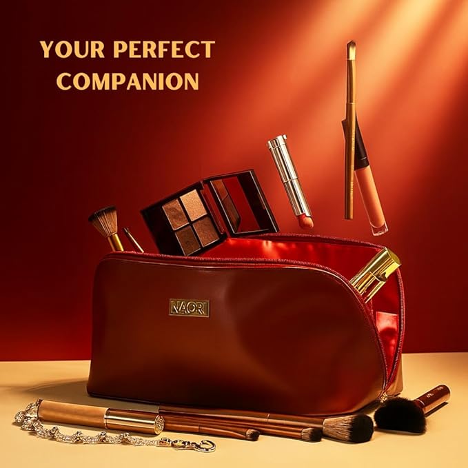 NAORI Travel Makeup Bag for Women | Large Luxury Cosmetic Organizer with Handle & Inner Pockets | Waterproof Leather Toiletry Bag | Makeup Case for Home, Travel & Gifting (Classic Burgundy)