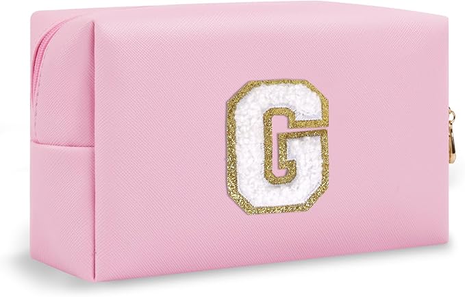 Personalized Initial Preppy Makeup Bag Organizer, Small Travel Cute Pink Cosmetic Bag Toiletry Zipper Pouch, Waterproof PU Leather Monogram Makeup Case Graduation Gift for Teacher Friends(Letter G)