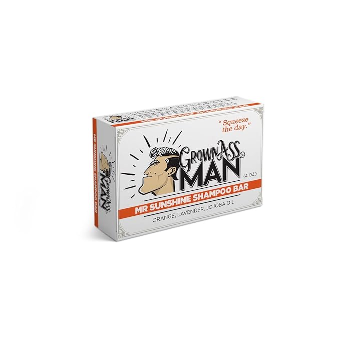 Grown Ass Man Co. - Solid Shampoo Bar Rich Lather 3 in 1: Hair, Beard & Body Wash - Plastic Free & Eco-Friendly, Natural & Organic Clean for All Hair Types, 4oz Bar (Mister Sunshine, 6-Pack)