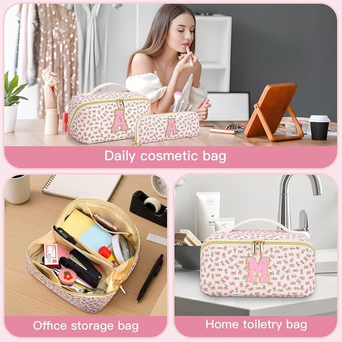 Personalized Travel Makeup Bag Set,Initial Travel Cute Floral Makeup Organizer Bag,Toiletry Skincare Cosmetic Bag,Christmas Gifts for Women/Girls,Open Flat Toiletry Pouch with Brush Pocket-J