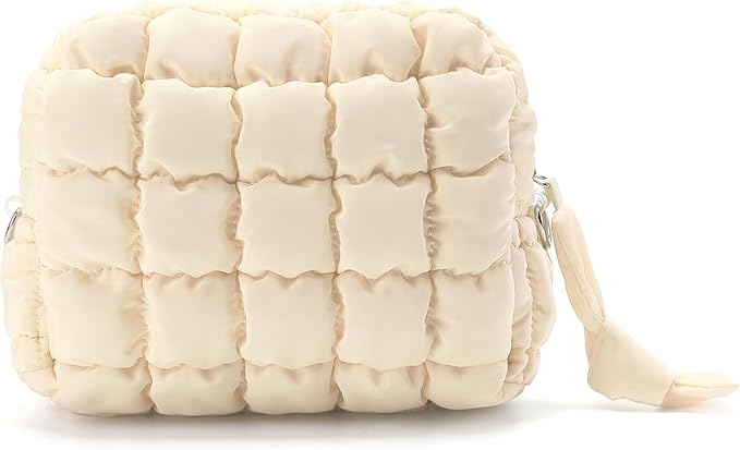 Puffy Quilted Makeup Bag Small Puffer Bag Cosmetic Bags Travel Toiletry Purse for Women, Cute Organizer Pouch, Beige