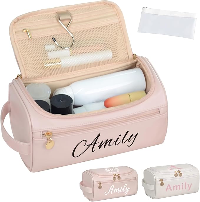 Personalized Makeup Bag for Women, Printed Initials Name Cosmetic Bag with Handle, Customized PU Leather Travel Toiletry Bag for Girls, Gifts for Bridesmaid, Daughter, Wife, Mothers Day