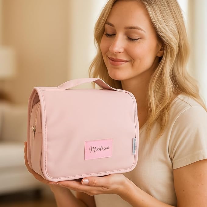 Custom Travel Toiletry Bag for Women, Personalized Vegan Leather Makeup Bag with Hanging Hook, Unique Bridesmaid Gifts, Wedding Gifts, Travel Containers, Womens gifts for Birthday