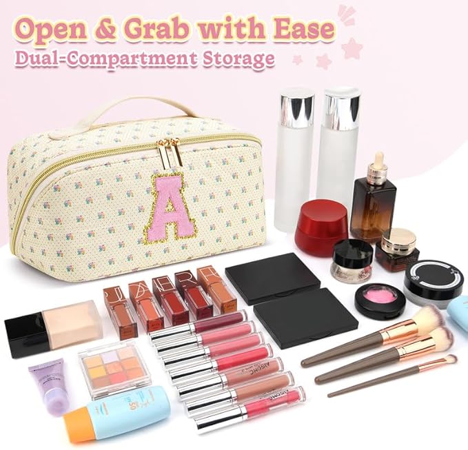 Personalized Travel Makeup Bag Set,Initial Travel Cute Floral Makeup Organizer Bag,Toiletry Skincare Cosmetic Bag,Christmas Gifts for Women/Girls,Open Flat Toiletry Pouch with Brush Pocket-F