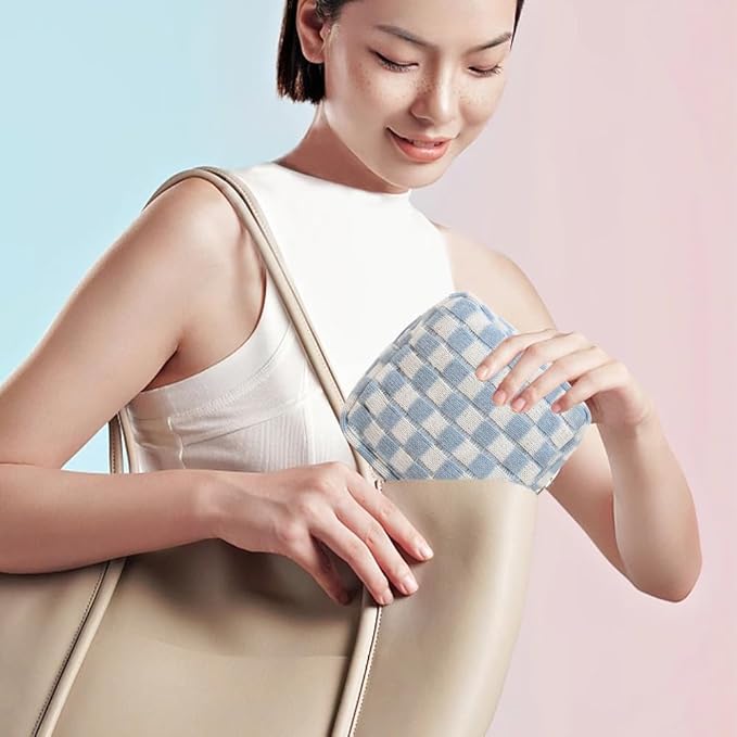 Small Blue Makeup Bag for Purse, Mini Checkered Cosmetic Bag Zipper Cute Make Up Pouch Travel Toiletry Case Quilted Aesthetic Accessories Makeup Storage Bag Organizer for Women Girls