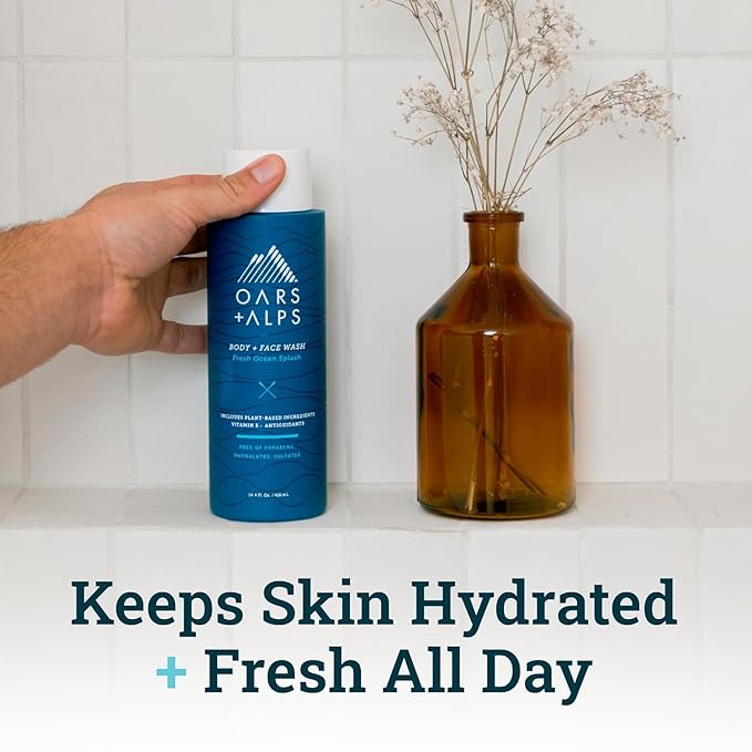 Oars + Alps Mens Moisturizing Body and Face Wash, Skin Care Infused with Vitamin E and Antioxidants, Sulfate Free, Fresh Ocean Splash, Travel Size 3.4oz, 2 Pack