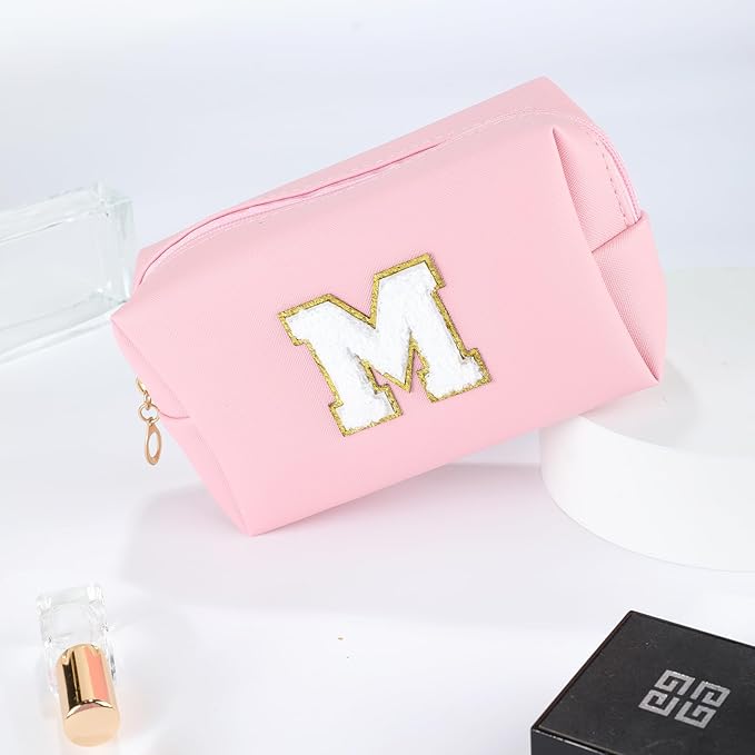 MSQ Personalized Makeup Bag Initial A-Z Patch Bag, PU Leather Cosmetic Bag Pouch Travel Toiletry Bag with Zipper, Gift Ideal for Teen Girls Friend Mom Women Birthday (Pink M)
