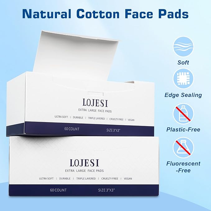 Organic Cotton Face Pads – 120 Count, Lint-Free Makeup Remover Pads – Textured & Ultra-Soft Sides for Gentle Cleansing – Thick Cotton Rounds for Sensitive Skin