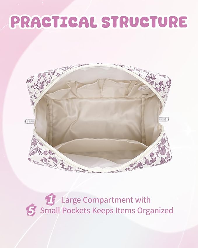 Narwey Christmas Gifts for Teen Girls Kids Women Personalized Initial Floral Makeup Bag Cute Cosmetic Trendy Stuff 6 8 10 11 12 13 14 16 18 Years Old Travel Toiletry Bag (Little Dusty Pink Flower A)