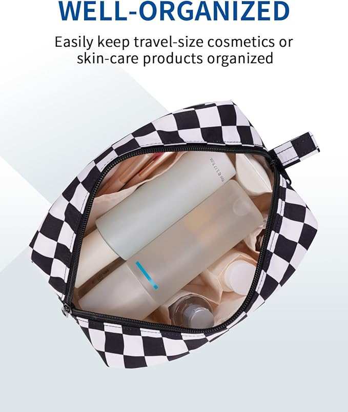 Narwey Checkered Makeup Bag Travel Cosmetic Bag Organizer Small Toiletry Bag Make Up Bags with Organized Pockets for Women (Black Checkerboard, Large)