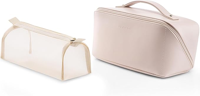 Vlando Makeup Bag,Large Capacity Toiletry Bag for Women Waterproof Portable Make up Pouch PU Leather Open Flat Cosmetic Bag(Light Pink)