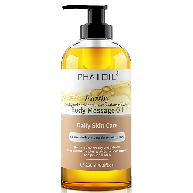 PHATOIL Sandalwood Body Oil for Men with Ginger, YlangYlang, Cinnamon, 260ml Large Bottle Body Oil for Skin, 8.8 fl.oz Premium Moisturizer Oil for After Shower, Great for Skin and Body Care
